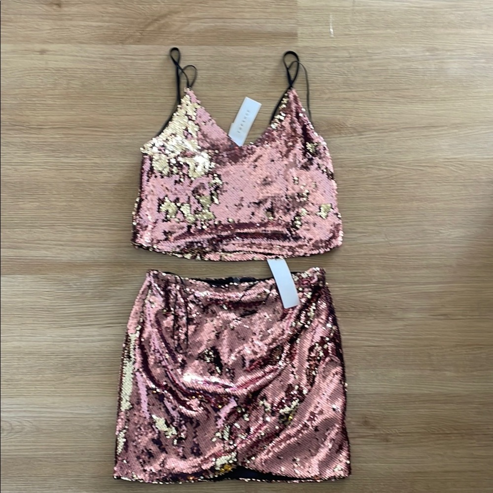 Topshop Pink and Gold Sequin Mini Skirt Set
